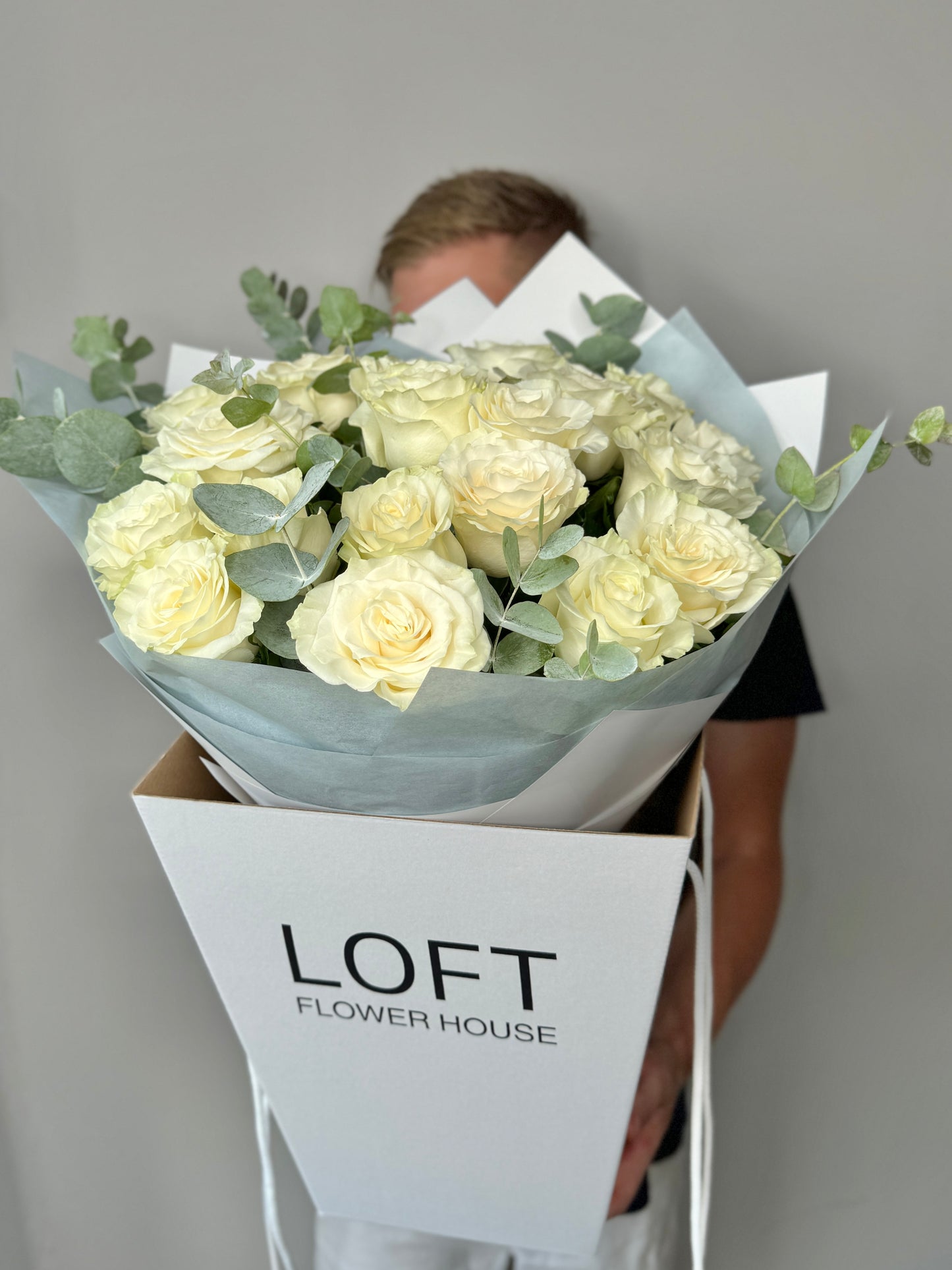 White Roses Mondial & Eucalyptus