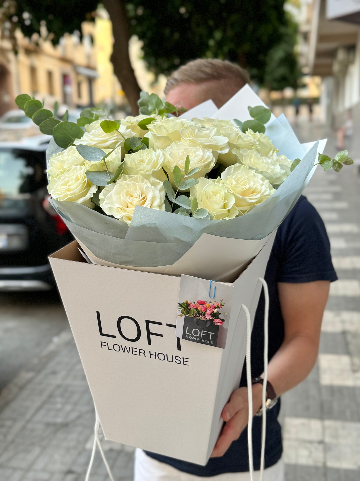 White Roses Mondial & Eucalyptus