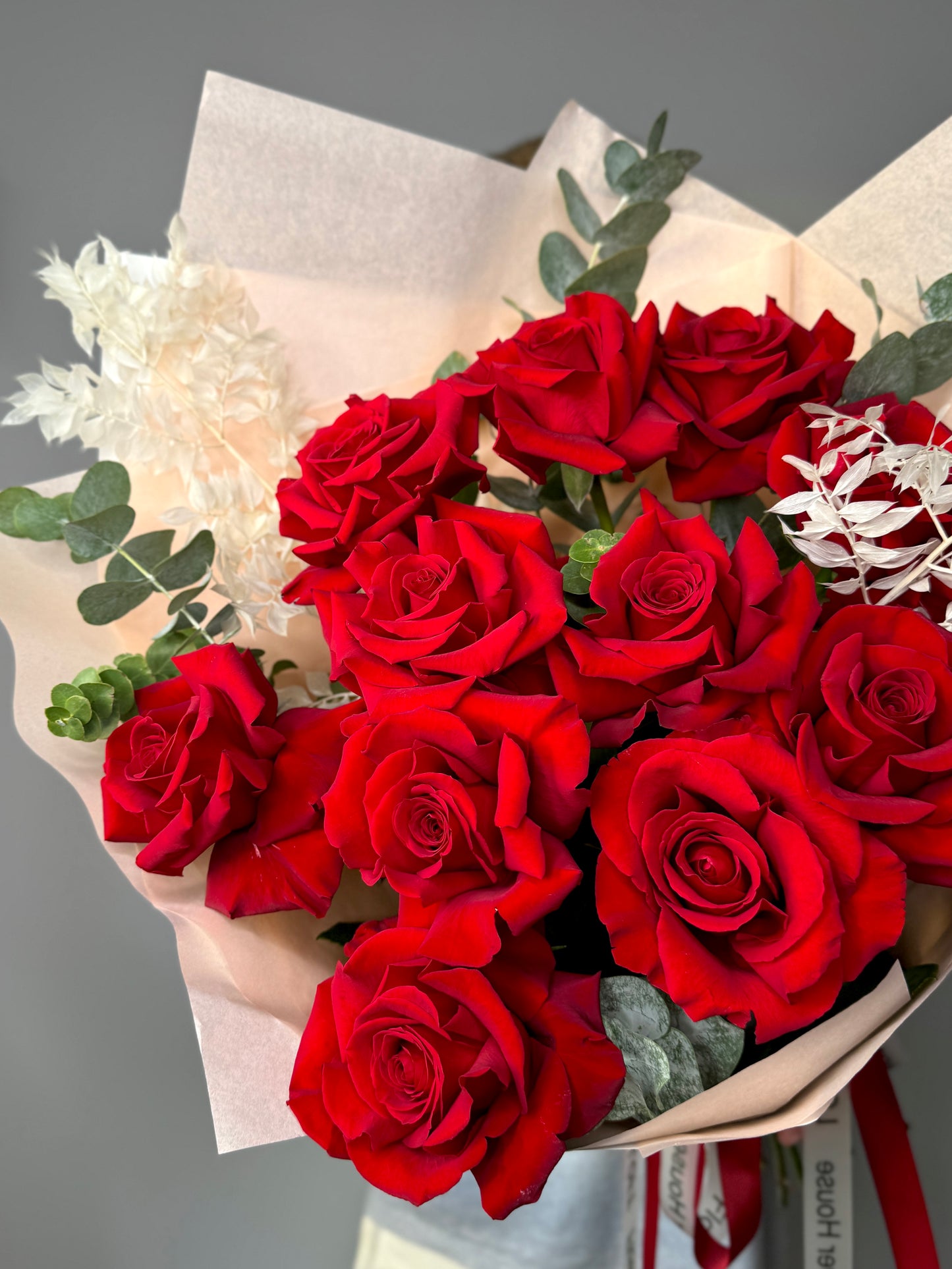 French Roses with White Ruscus