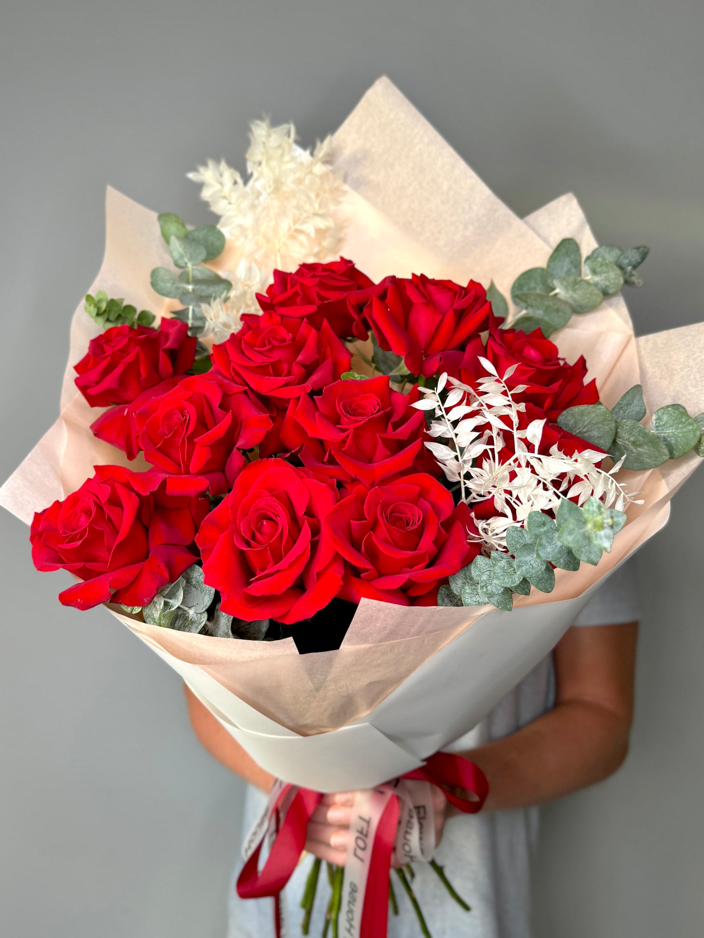 French Roses with White Ruscus