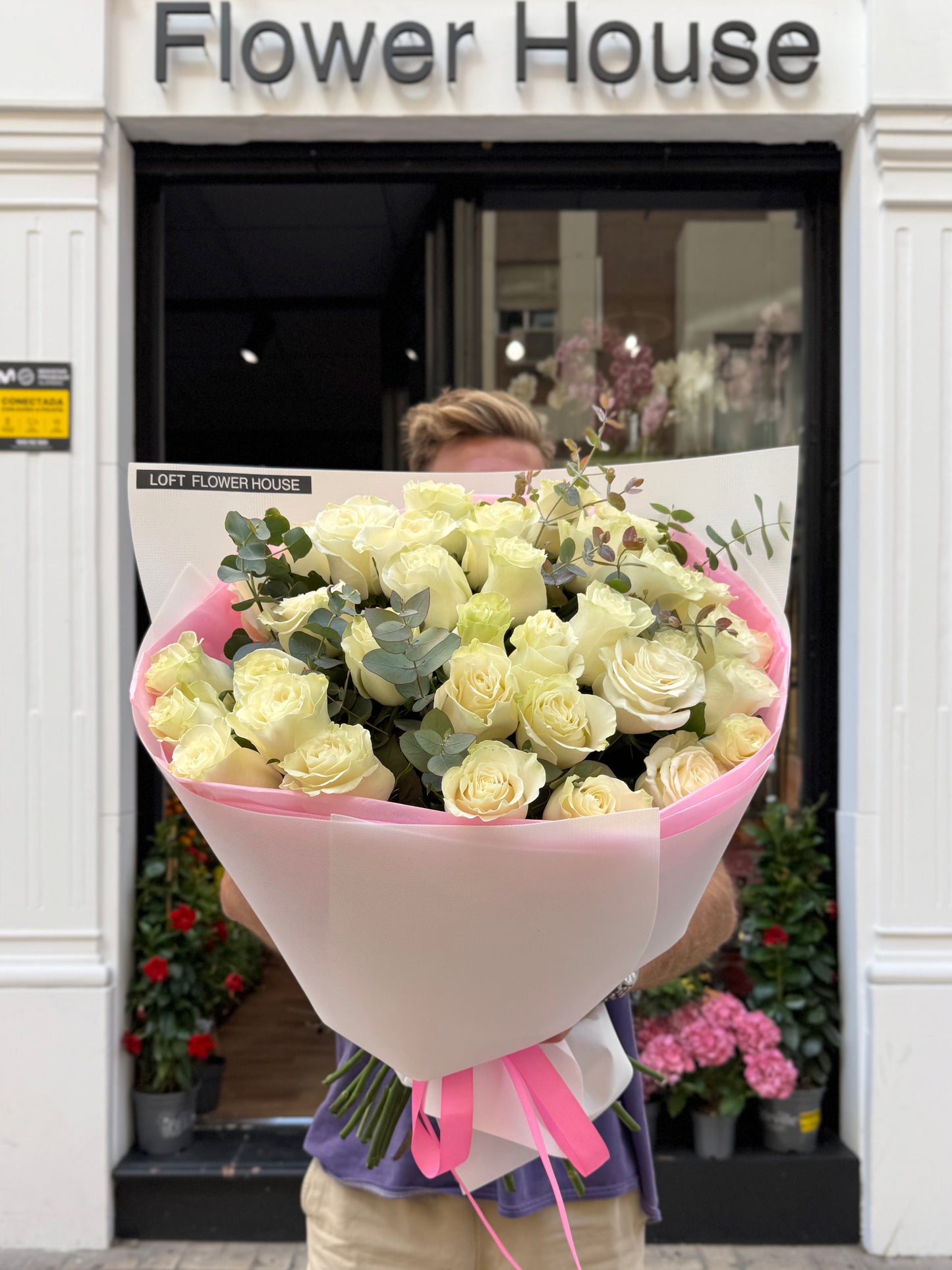 Rosas blancas Mondial y eucalipto