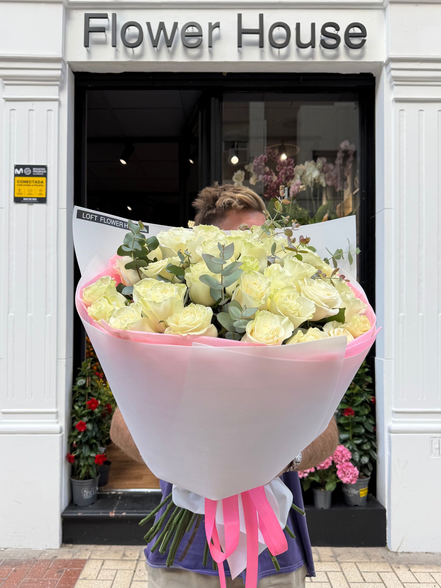 Rosas blancas Mondial y eucalipto