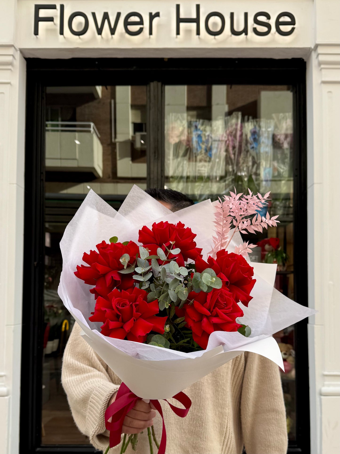French Red Roses & Preserved Ruscus