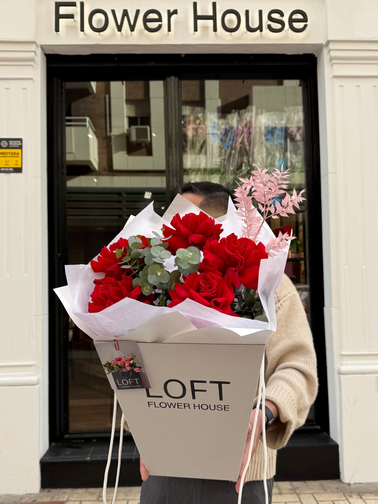 French Red Roses & Preserved Ruscus