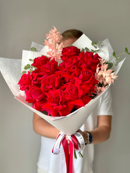 French Red Roses with Preserved Ruscus