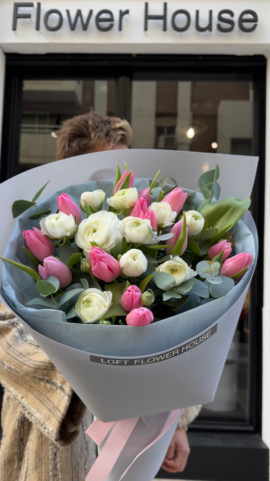 Pink Tulips & White Ranunculus