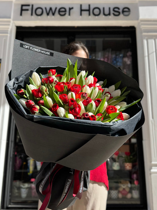 Red Ranunculus & White Tulips